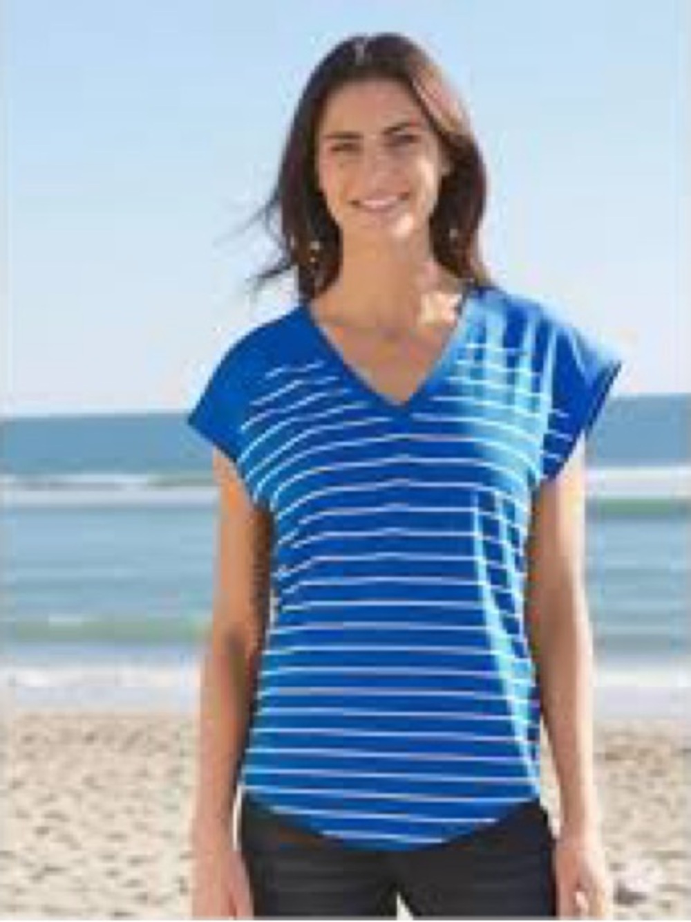 Adrienne Vittadini Royal Blue & White Striped V-Neck Tee